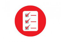 An icon of a red circle with a graphic of a white page including tick boxes and lines of writing.