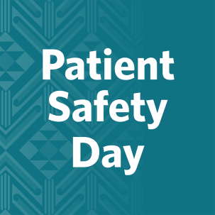 Aotearoa Patient Safety Day 2024 social media tile with teal background, and lighter coloured tohu. White copy says Patient Safety Day